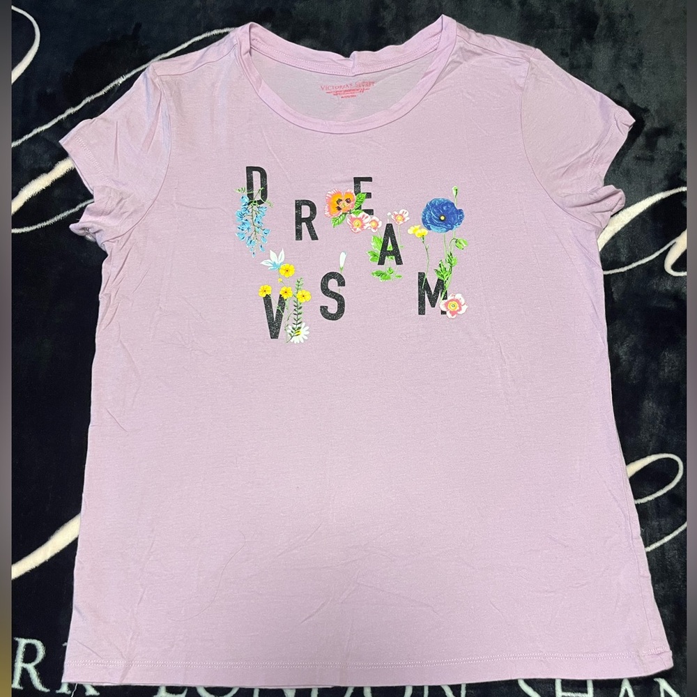 Victoria’s Secret Lavender Black Glitter “Dream VS” Cotton T Shirt Size Medium